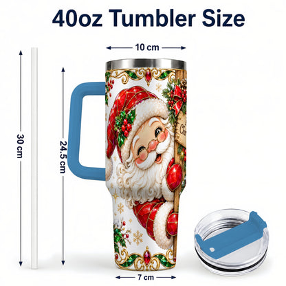 #pl[40oz|Blue] Peeking Santa 40oz Tumbler with Handle, Christmas Stainless Steel Cup