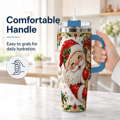 #pl[40oz|Blue] Peeking Santa 40oz Tumbler with Handle, Christmas Stainless Steel Cup