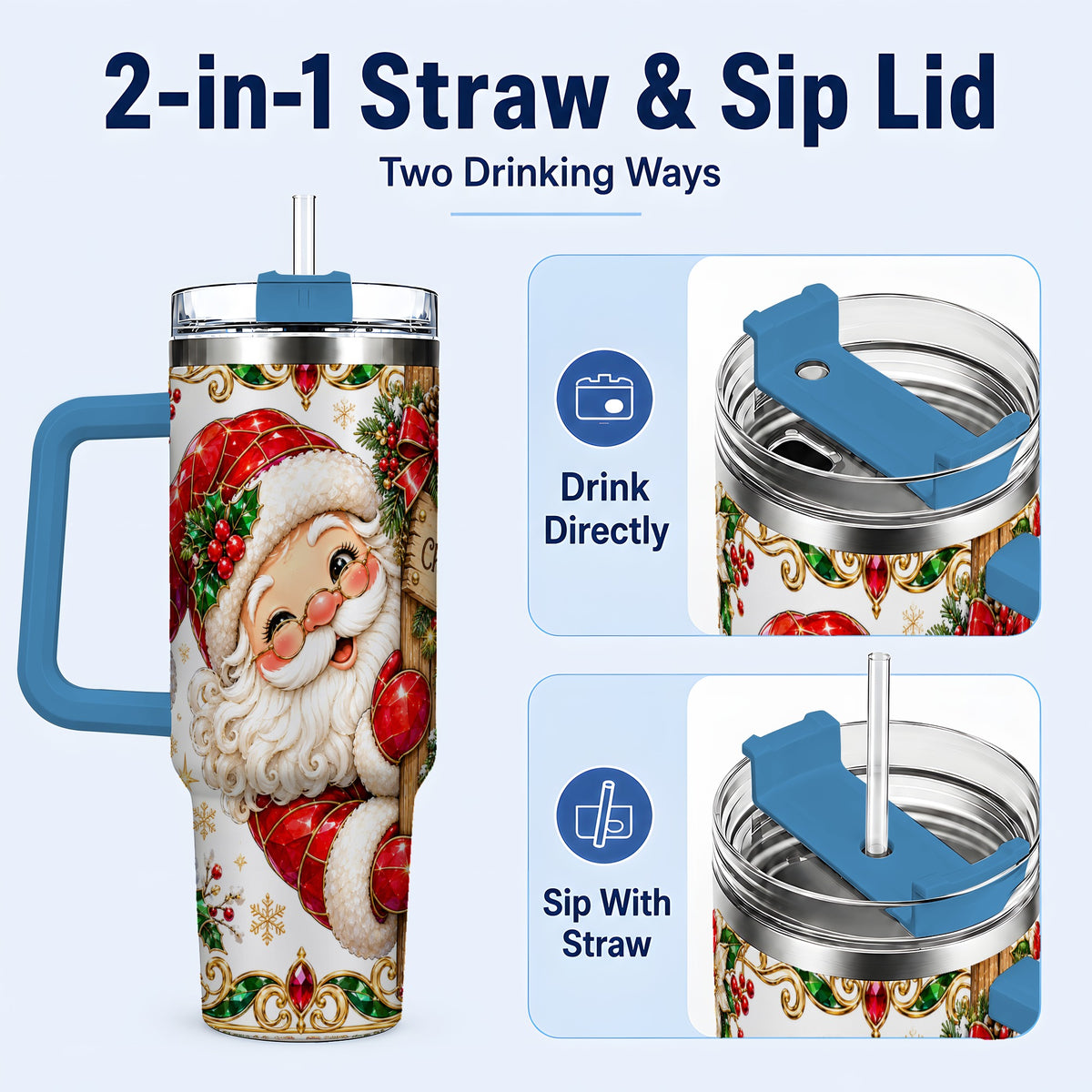 #pl[40oz|Blue] Peeking Santa 40oz Tumbler with Handle, Christmas Stainless Steel Cup