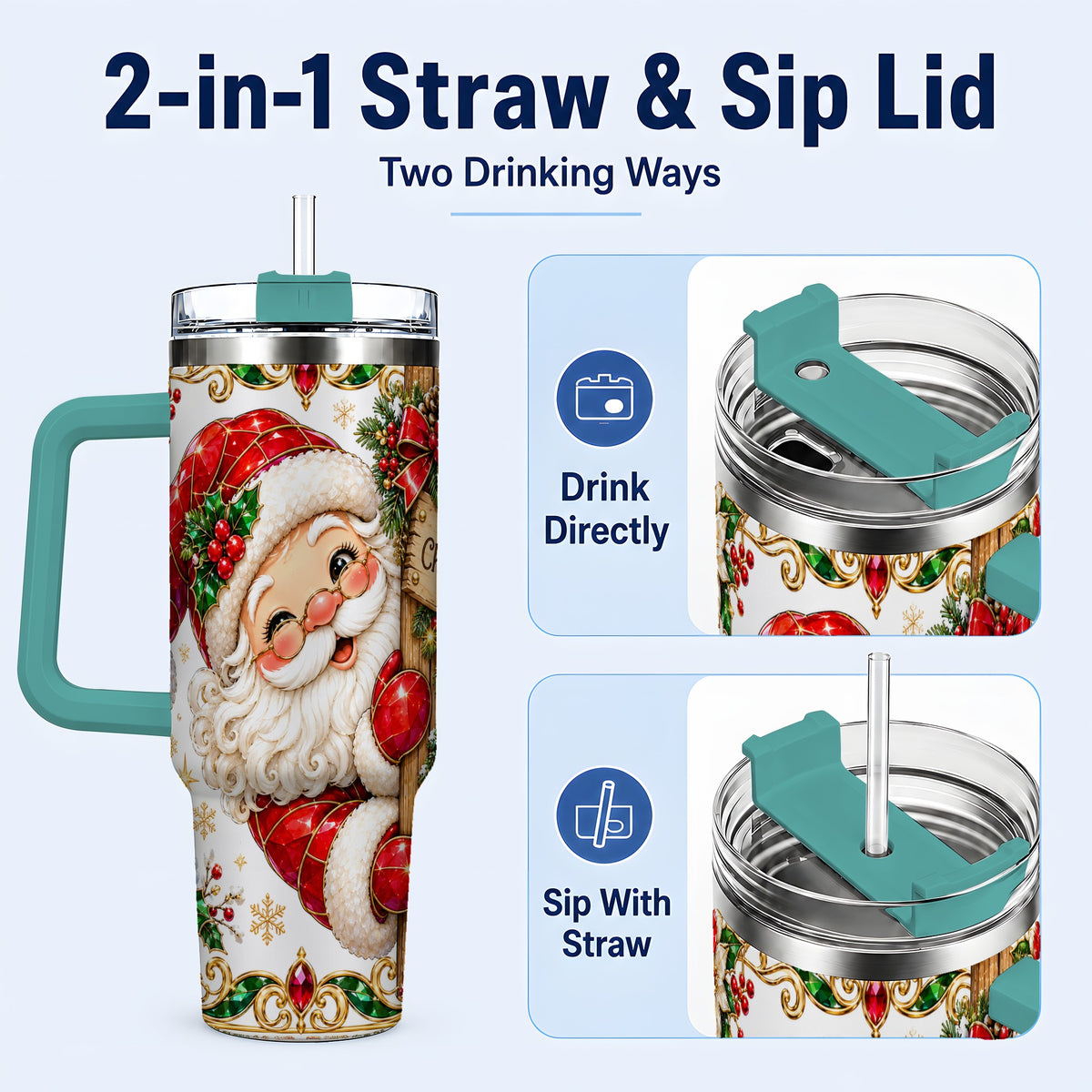 #pl[40oz|Green] Peeking Santa 40oz Tumbler with Handle, Christmas Stainless Steel Cup