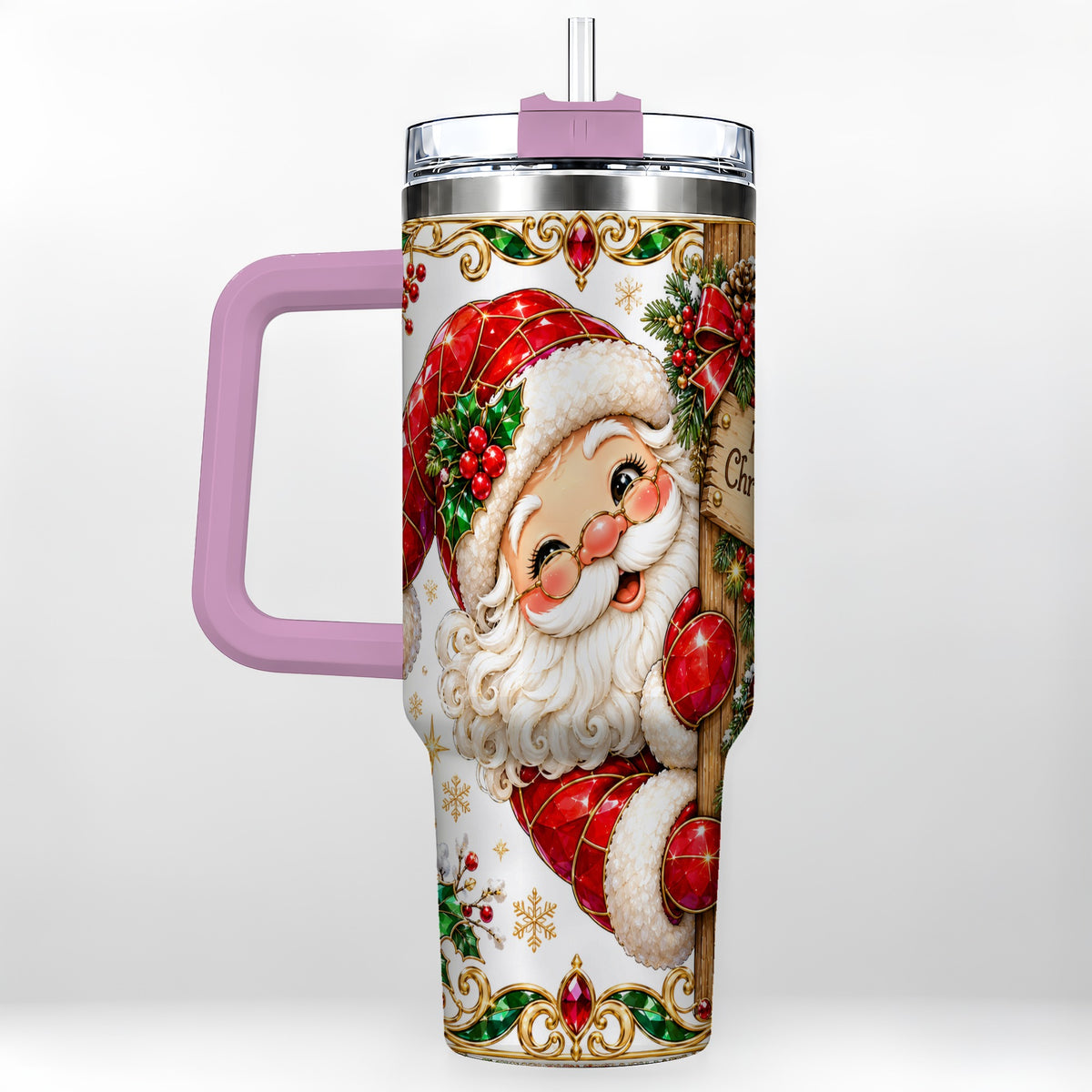 #pl[40oz|Pink] Peeking Santa 40oz Tumbler with Handle, Christmas Stainless Steel Cup