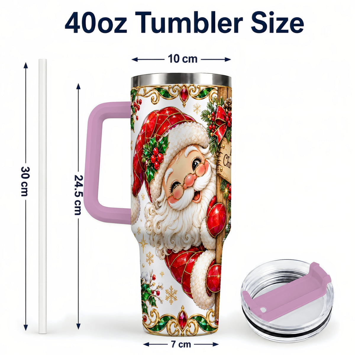 #pl[40oz|Pink] Peeking Santa 40oz Tumbler with Handle, Christmas Stainless Steel Cup