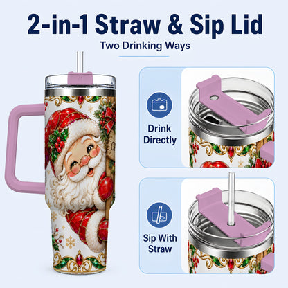 #pl[40oz|Pink] Peeking Santa 40oz Tumbler with Handle, Christmas Stainless Steel Cup
