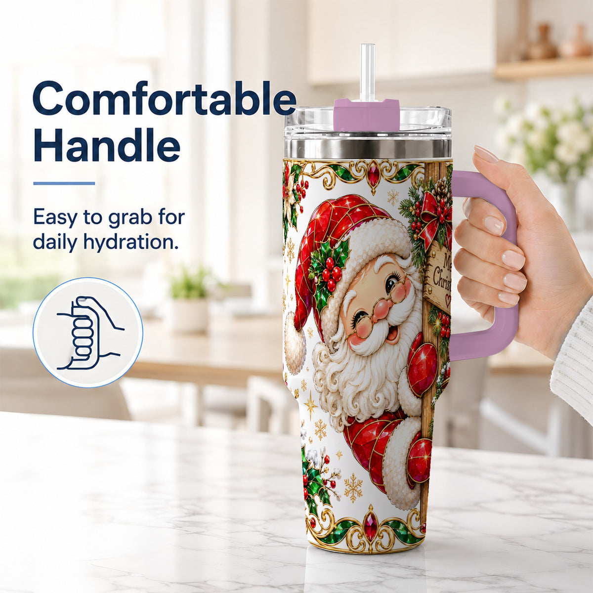 #pl[40oz|Pink] Peeking Santa 40oz Tumbler with Handle, Christmas Stainless Steel Cup