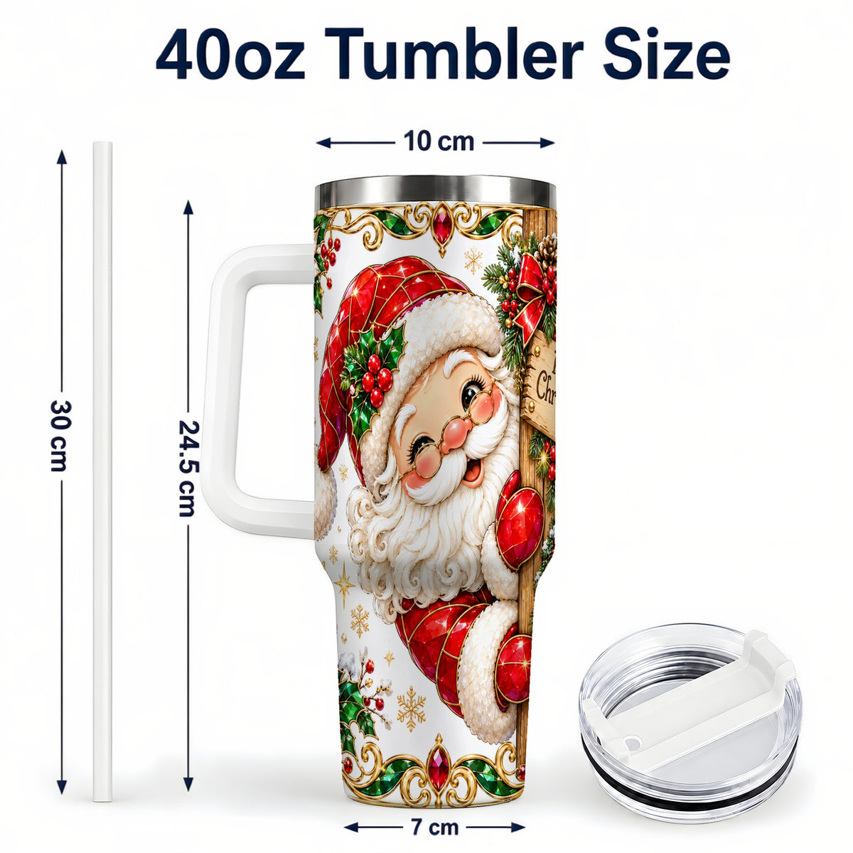 #pl[40oz|White] Peeking Santa 40oz Tumbler with Handle, Christmas Stainless Steel Cup