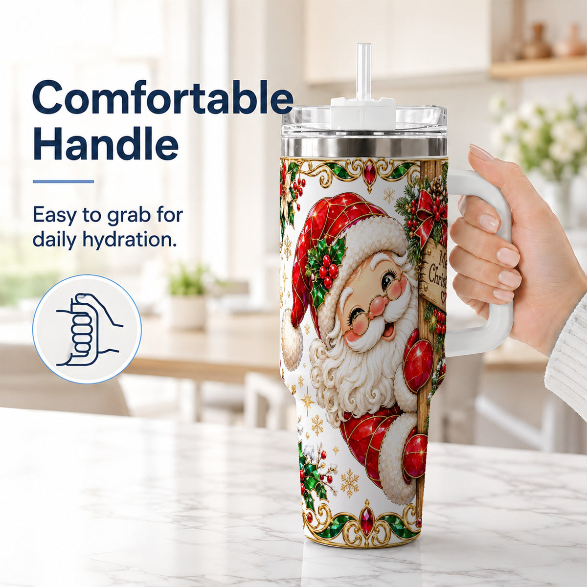 #pl[40oz|White] Peeking Santa 40oz Tumbler with Handle, Christmas Stainless Steel Cup