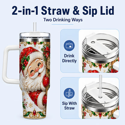 #pl[40oz|White] Peeking Santa 40oz Tumbler with Handle, Christmas Stainless Steel Cup