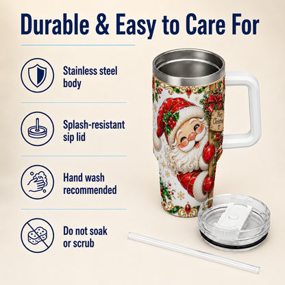 Peeking Santa 40oz Tumbler with Handle, Christmas Stainless Steel Cup