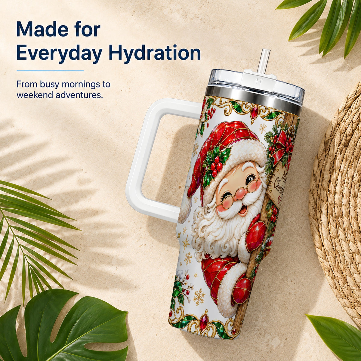 Peeking Santa 40oz Tumbler with Handle, Christmas Stainless Steel Cup
