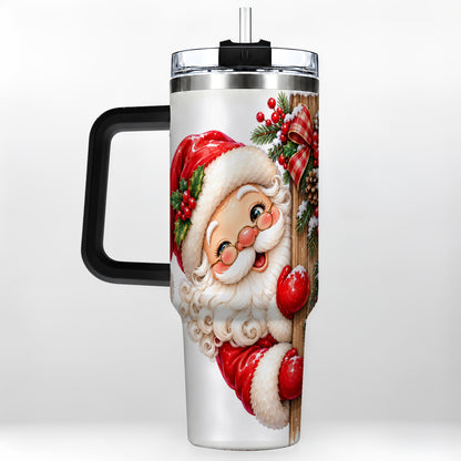 #pl[40oz|Black] Peeking Santa 40oz Tumbler with Handle, Rustic Christmas Steel Cup
