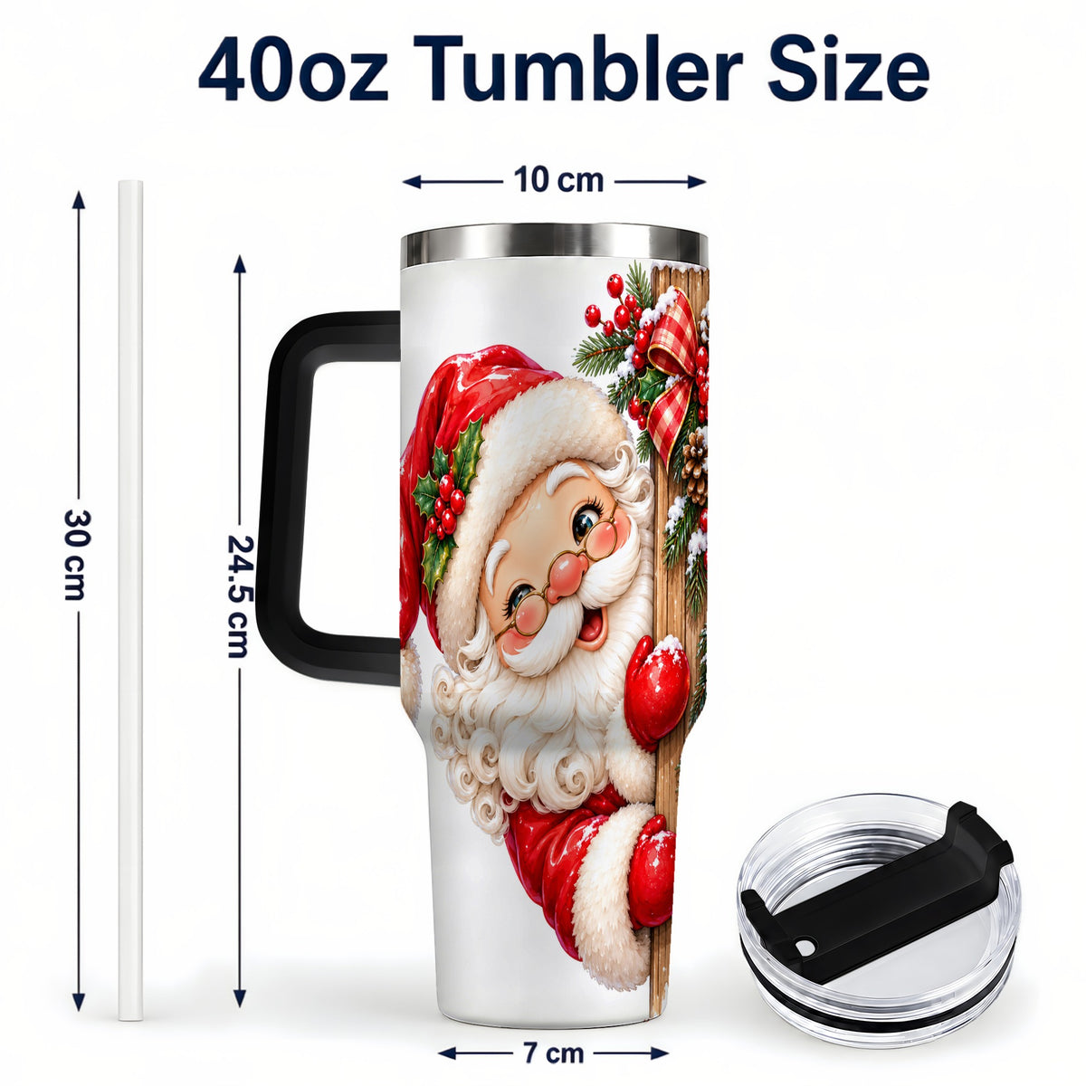 #pl[40oz|Black] Peeking Santa 40oz Tumbler with Handle, Rustic Christmas Steel Cup