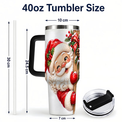 #pl[40oz|Black] Peeking Santa 40oz Tumbler with Handle, Rustic Christmas Steel Cup