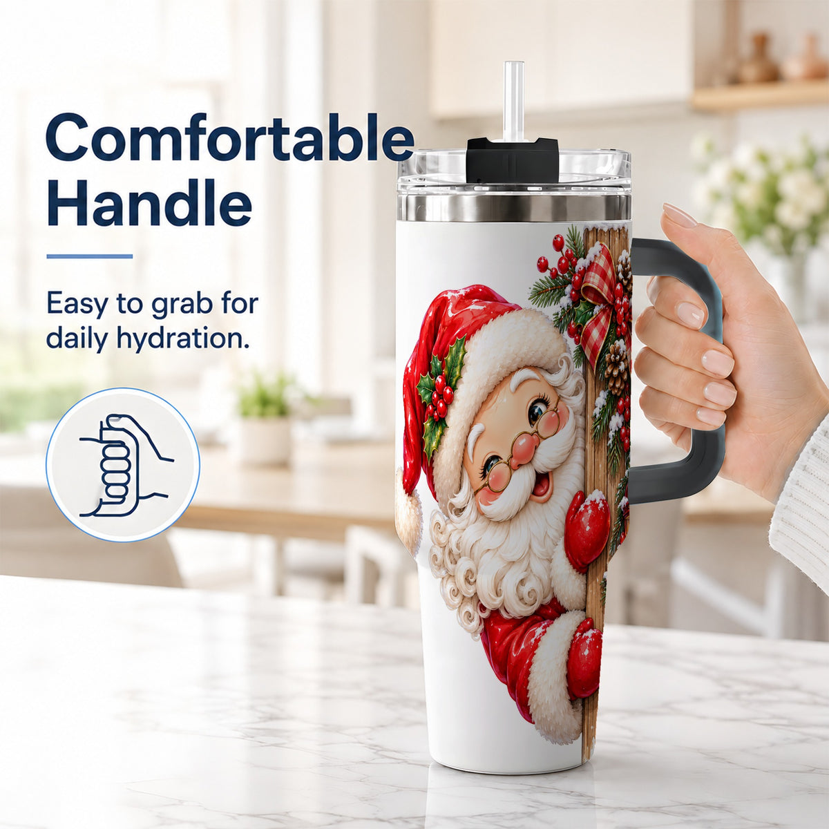 #pl[40oz|Black] Peeking Santa 40oz Tumbler with Handle, Rustic Christmas Steel Cup