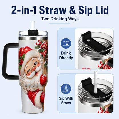 #pl[40oz|Black] Peeking Santa 40oz Tumbler with Handle, Rustic Christmas Steel Cup