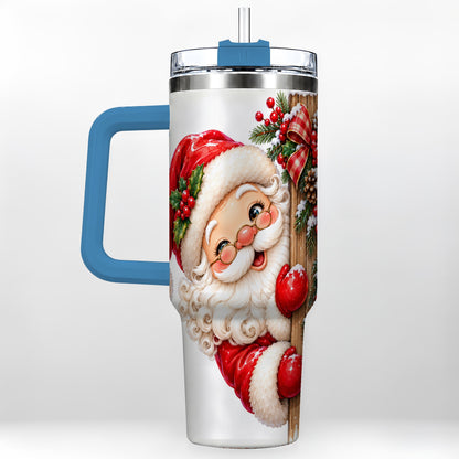 #pl[40oz|Blue] Peeking Santa 40oz Tumbler with Handle, Rustic Christmas Steel Cup