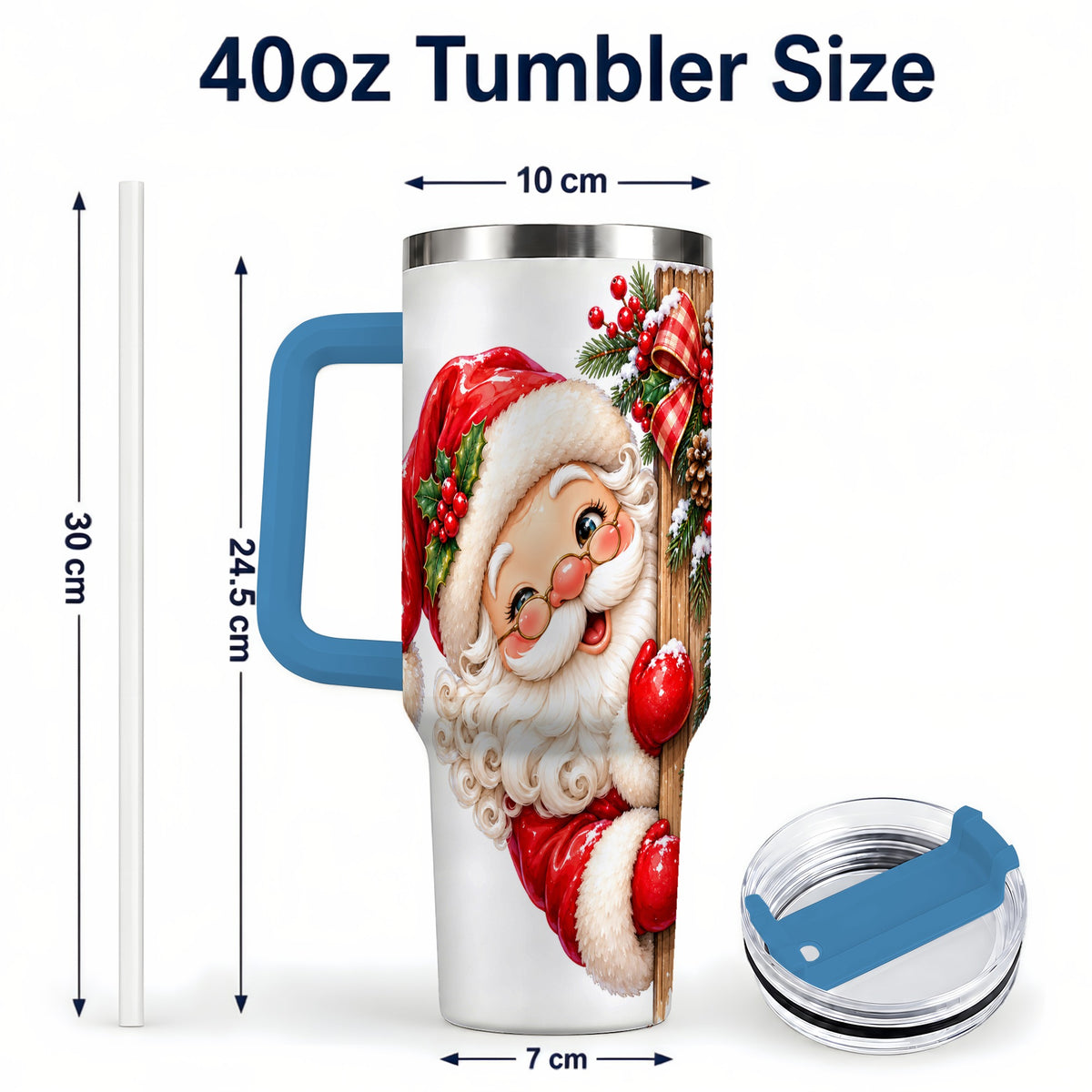 #pl[40oz|Blue] Peeking Santa 40oz Tumbler with Handle, Rustic Christmas Steel Cup