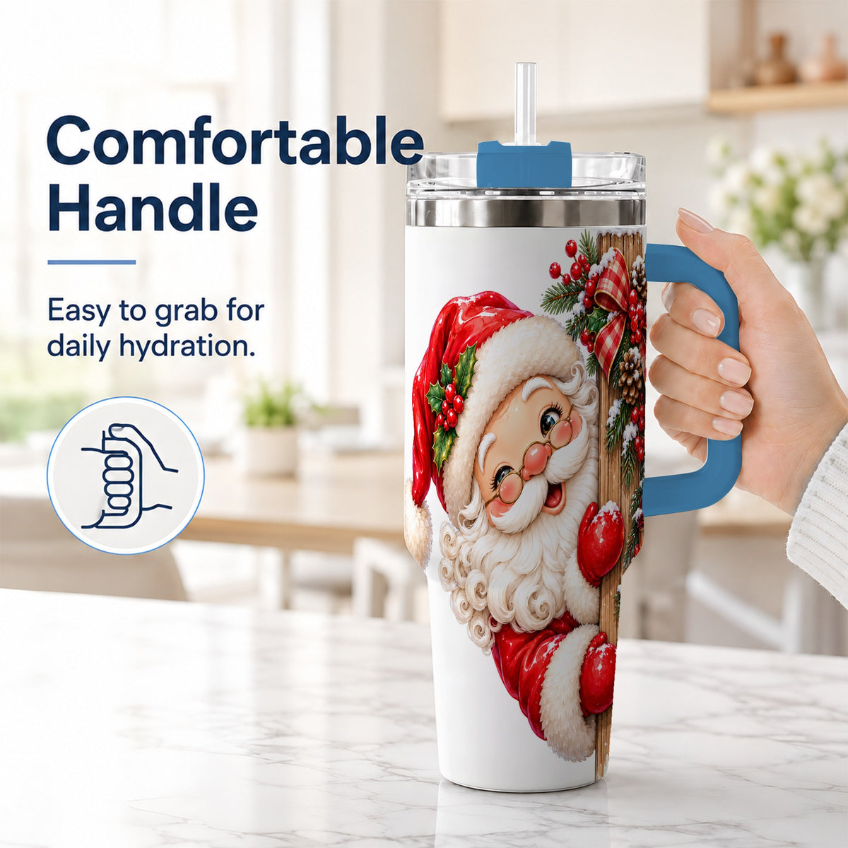#pl[40oz|Blue] Peeking Santa 40oz Tumbler with Handle, Rustic Christmas Steel Cup