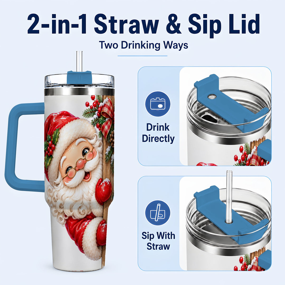 #pl[40oz|Blue] Peeking Santa 40oz Tumbler with Handle, Rustic Christmas Steel Cup