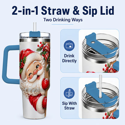 #pl[40oz|Blue] Peeking Santa 40oz Tumbler with Handle, Rustic Christmas Steel Cup
