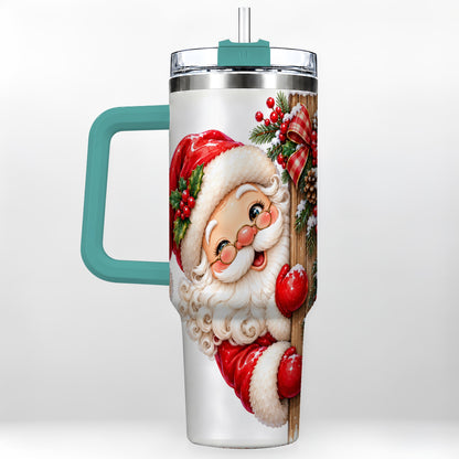 #pl[40oz|Green] Peeking Santa 40oz Tumbler with Handle, Rustic Christmas Steel Cup