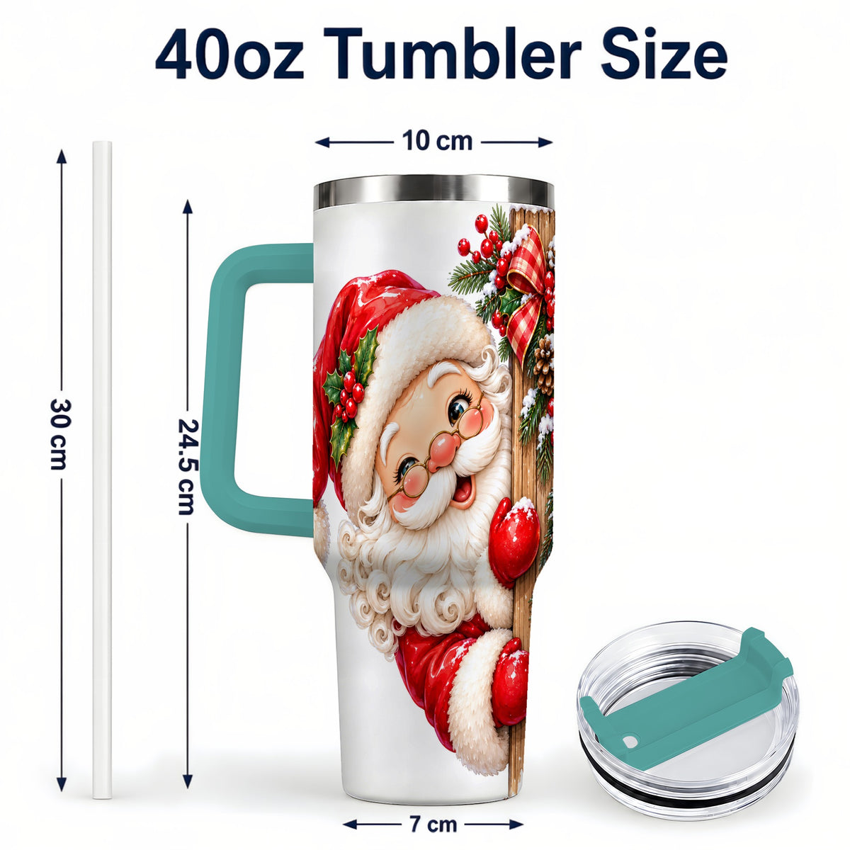 #pl[40oz|Green] Peeking Santa 40oz Tumbler with Handle, Rustic Christmas Steel Cup