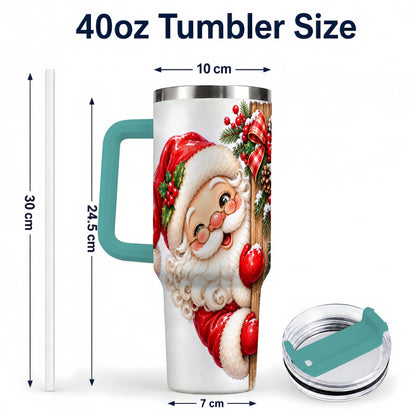 #pl[40oz|Green] Peeking Santa 40oz Tumbler with Handle, Rustic Christmas Steel Cup