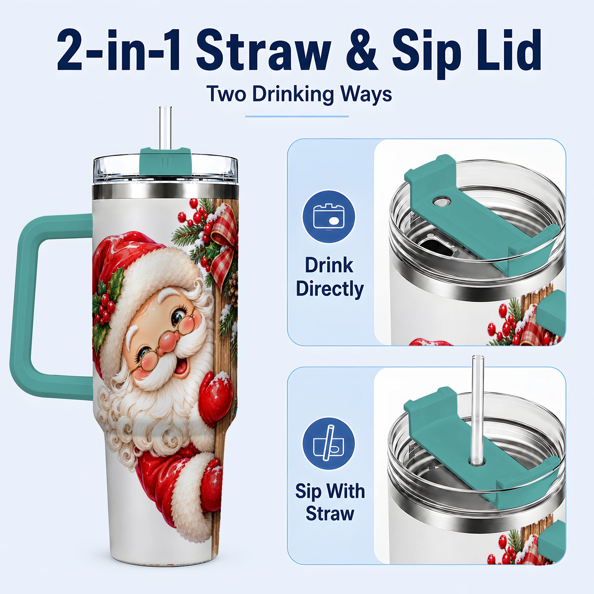 #pl[40oz|Green] Peeking Santa 40oz Tumbler with Handle, Rustic Christmas Steel Cup