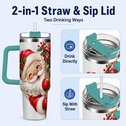 #pl[40oz|Green] Peeking Santa 40oz Tumbler with Handle, Rustic Christmas Steel Cup