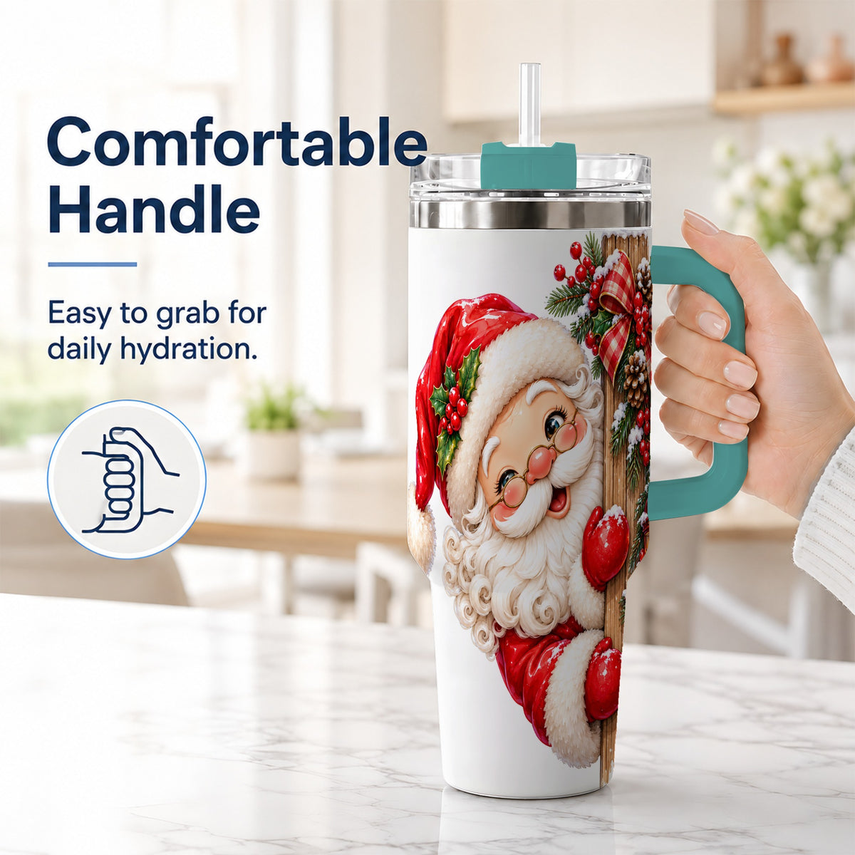 #pl[40oz|Green] Peeking Santa 40oz Tumbler with Handle, Rustic Christmas Steel Cup