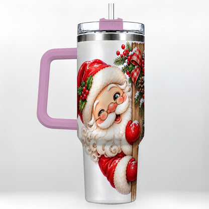 #pl[40oz|Pink] Peeking Santa 40oz Tumbler with Handle, Rustic Christmas Steel Cup