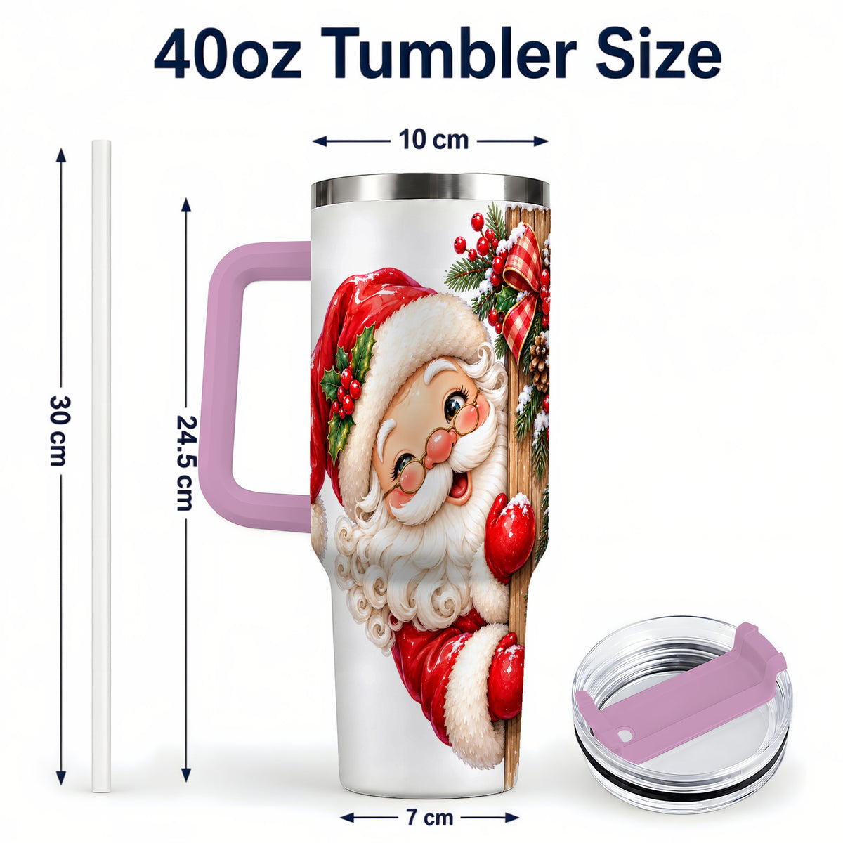 #pl[40oz|Pink] Peeking Santa 40oz Tumbler with Handle, Rustic Christmas Steel Cup