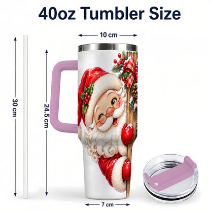 #pl[40oz|Pink] Peeking Santa 40oz Tumbler with Handle, Rustic Christmas Steel Cup