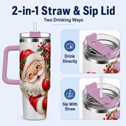 #pl[40oz|Pink] Peeking Santa 40oz Tumbler with Handle, Rustic Christmas Steel Cup