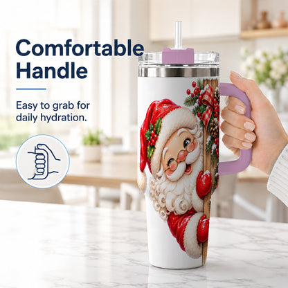 #pl[40oz|Pink] Peeking Santa 40oz Tumbler with Handle, Rustic Christmas Steel Cup