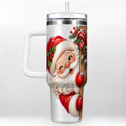 Peeking Santa 40oz Tumbler with Handle, Rustic Christmas Steel Cup