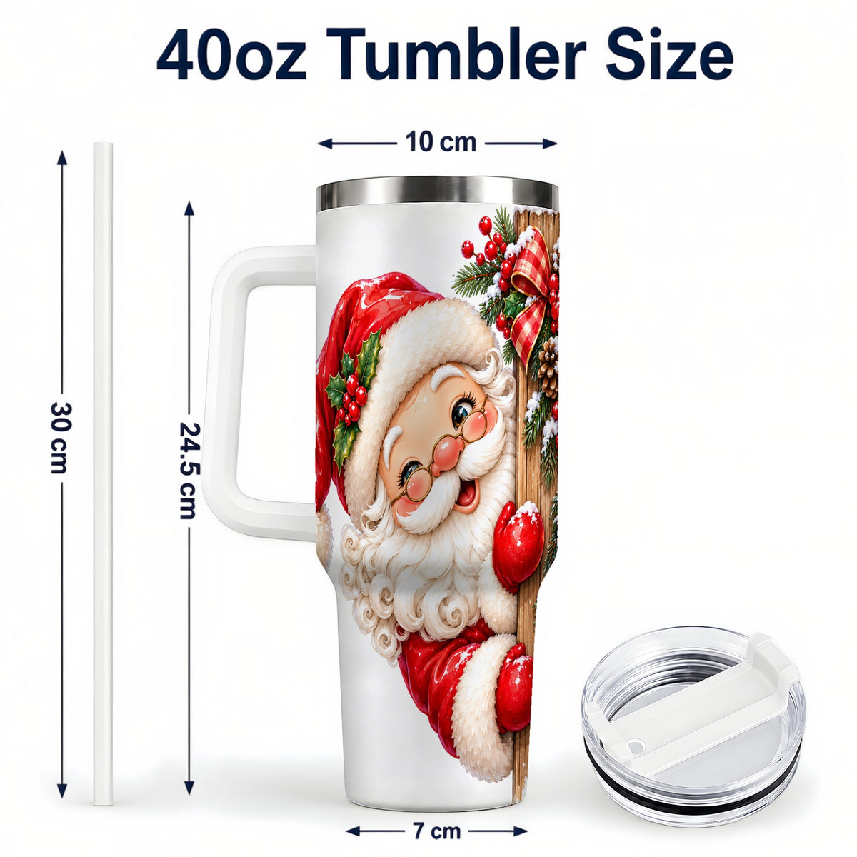 #pl[40oz|White] Peeking Santa 40oz Tumbler with Handle, Rustic Christmas Steel Cup