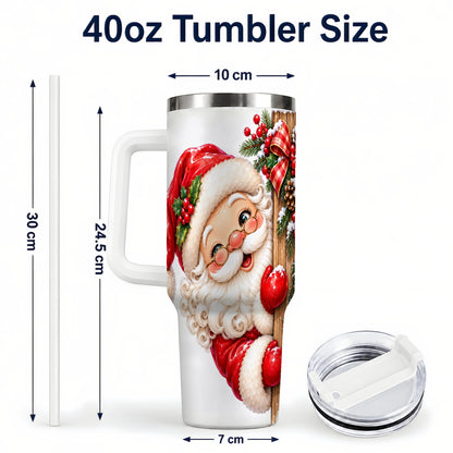 #pl[40oz|White] Peeking Santa 40oz Tumbler with Handle, Rustic Christmas Steel Cup