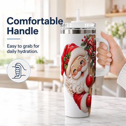 #pl[40oz|White] Peeking Santa 40oz Tumbler with Handle, Rustic Christmas Steel Cup