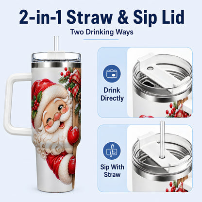 #pl[40oz|White] Peeking Santa 40oz Tumbler with Handle, Rustic Christmas Steel Cup