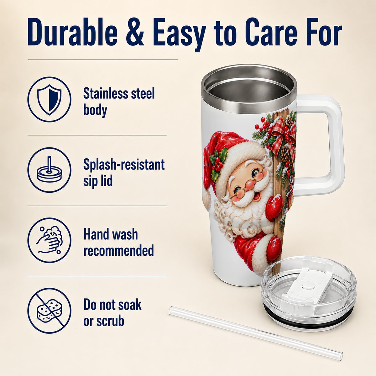 Peeking Santa 40oz Tumbler with Handle, Rustic Christmas Steel Cup