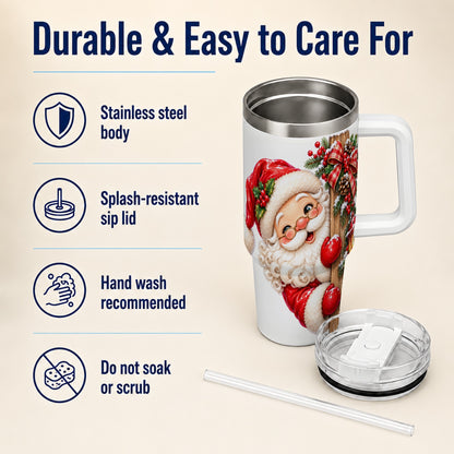 Peeking Santa 40oz Tumbler with Handle, Rustic Christmas Steel Cup