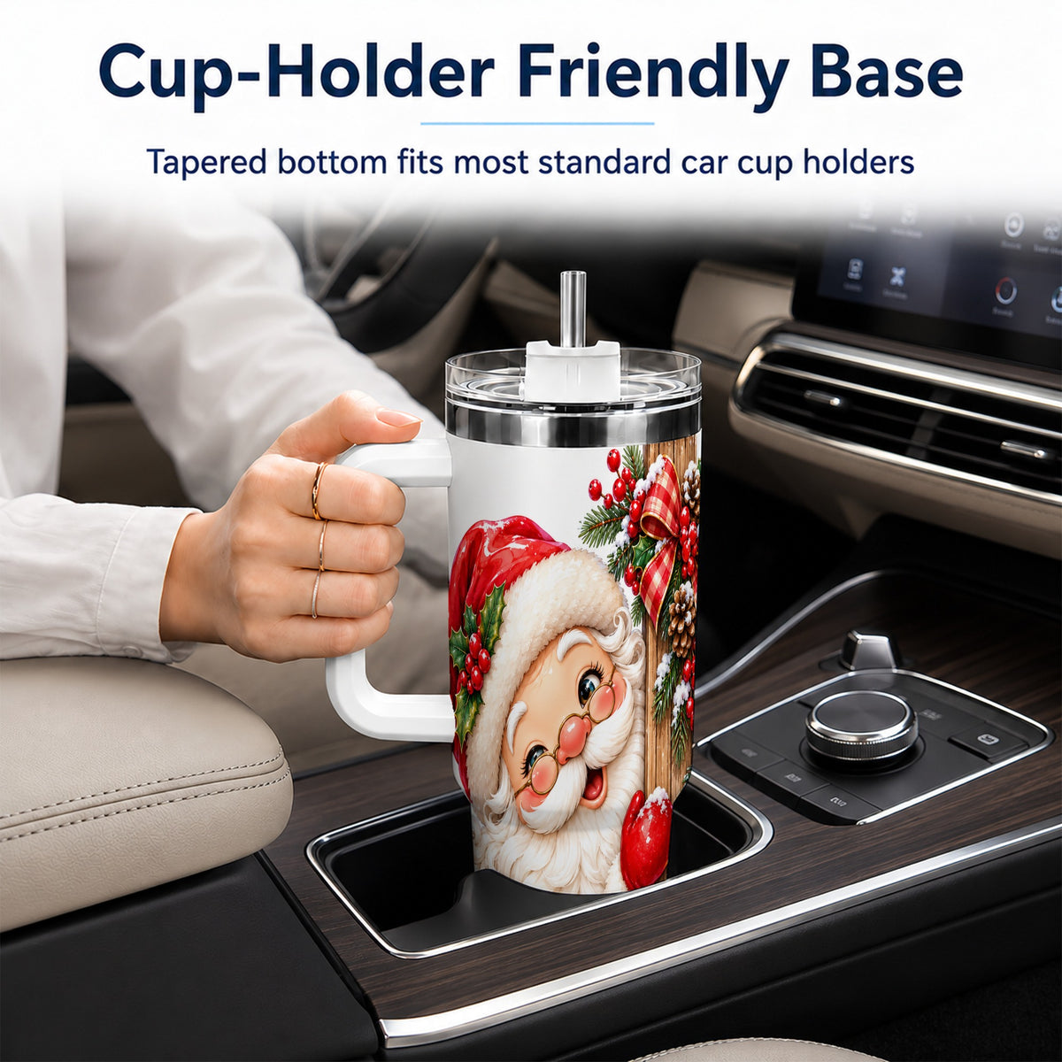 Peeking Santa 40oz Tumbler with Handle, Rustic Christmas Steel Cup