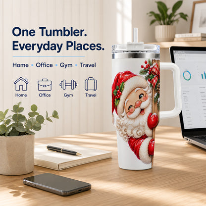 Peeking Santa 40oz Tumbler with Handle, Rustic Christmas Steel Cup