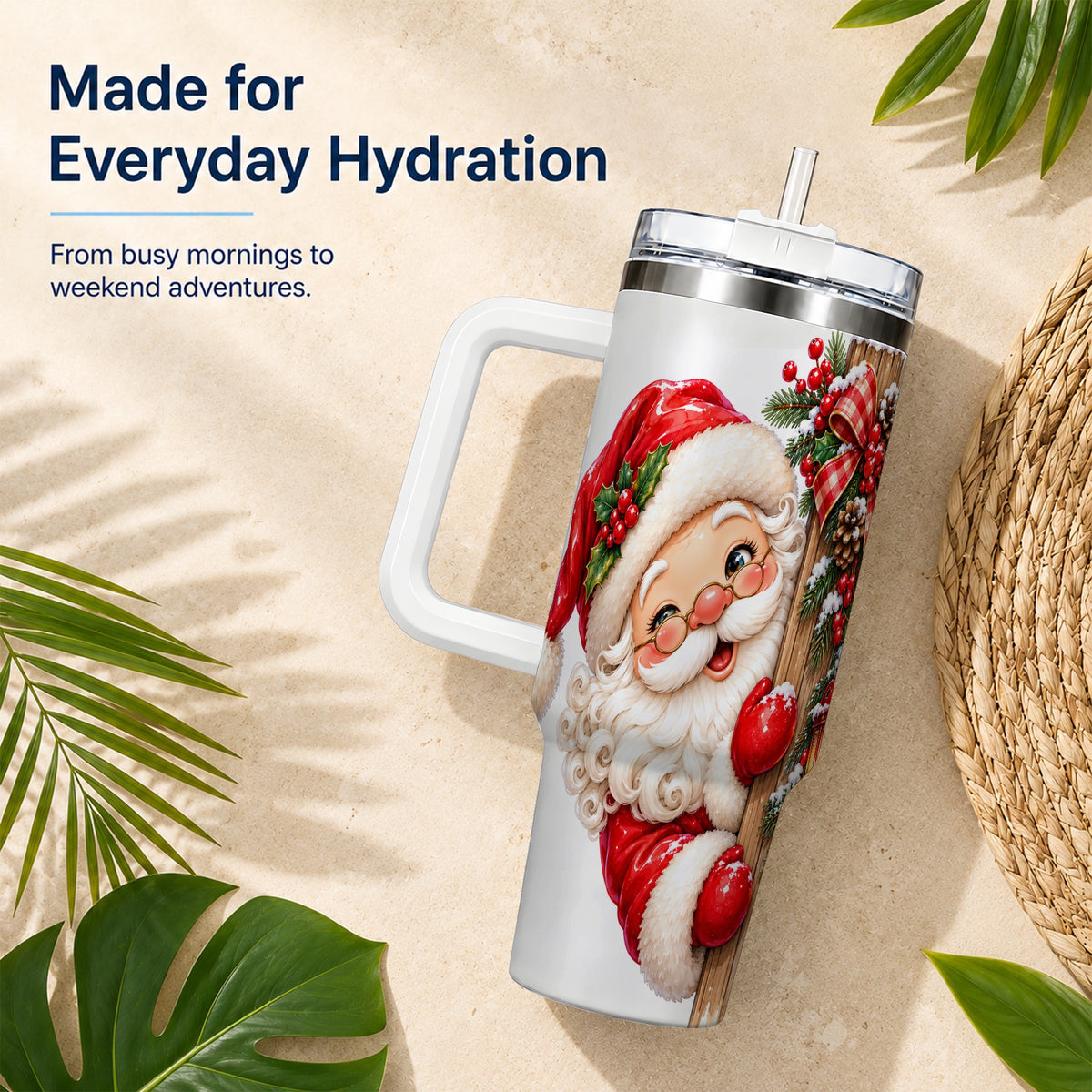 Peeking Santa 40oz Tumbler with Handle, Rustic Christmas Steel Cup