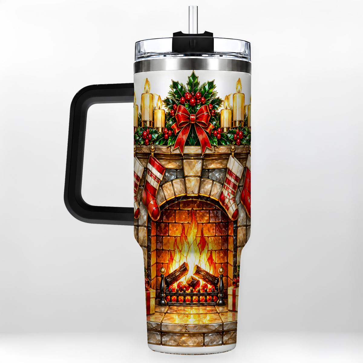 #pl[40oz|Black] Christmas Fireplace 40oz Tumbler with Handle, Holiday Steel Cup