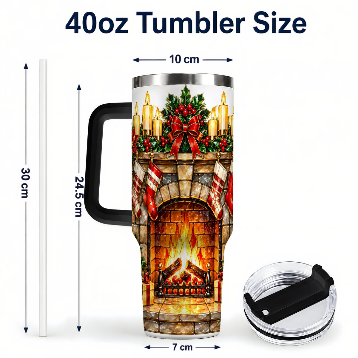 #pl[40oz|Black] Christmas Fireplace 40oz Tumbler with Handle, Holiday Steel Cup