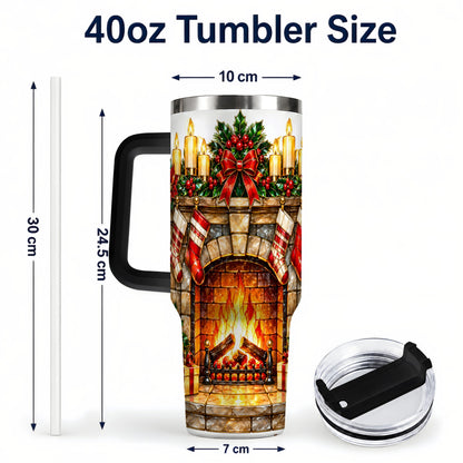 #pl[40oz|Black] Christmas Fireplace 40oz Tumbler with Handle, Holiday Steel Cup