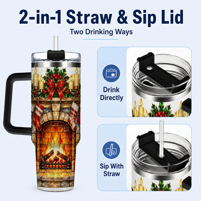 #pl[40oz|Black] Christmas Fireplace 40oz Tumbler with Handle, Holiday Steel Cup