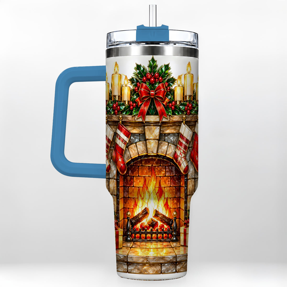 #pl[40oz|Blue] Christmas Fireplace 40oz Tumbler with Handle, Holiday Steel Cup
