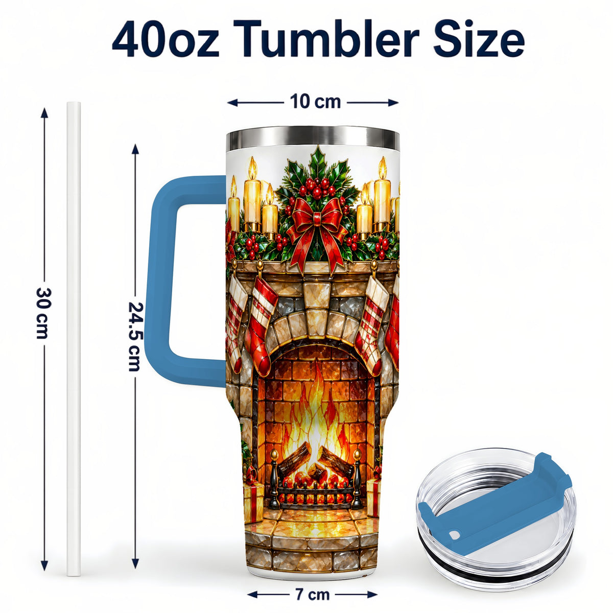 #pl[40oz|Blue] Christmas Fireplace 40oz Tumbler with Handle, Holiday Steel Cup
